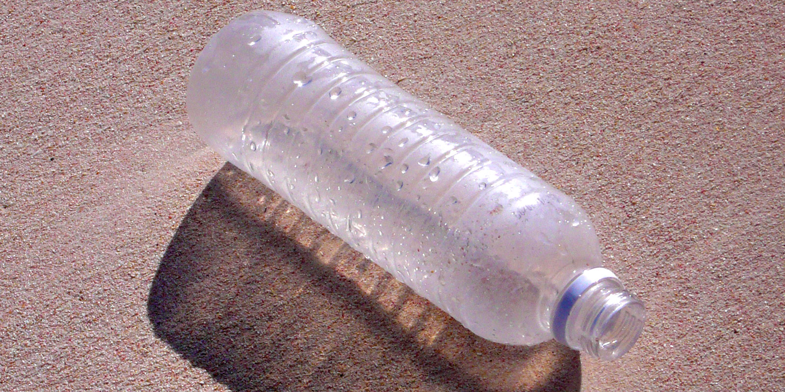 Discarded clear plastic water bottle lying on bare ground